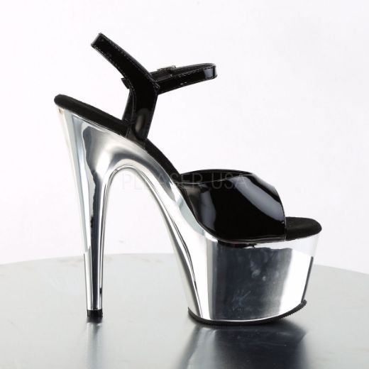 Product image of Pleaser Adore-709 Black Patent/Silver Chrome, 7 inch (17.8 cm) Heel, 2 3/4 inch (7 cm) Platform Sandal Shoes