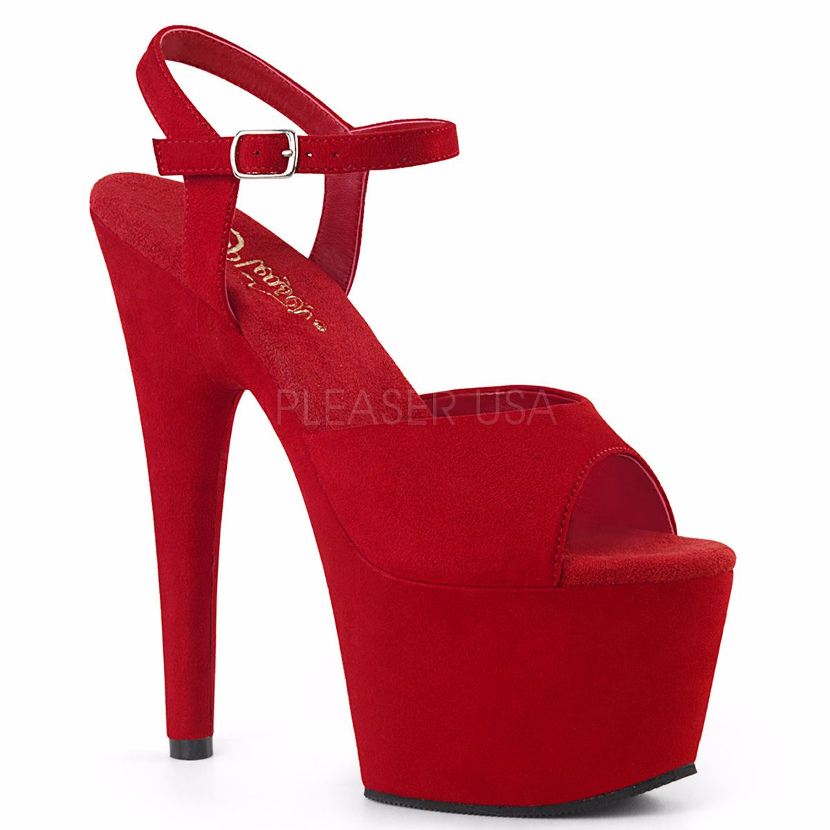 red faux suede heels