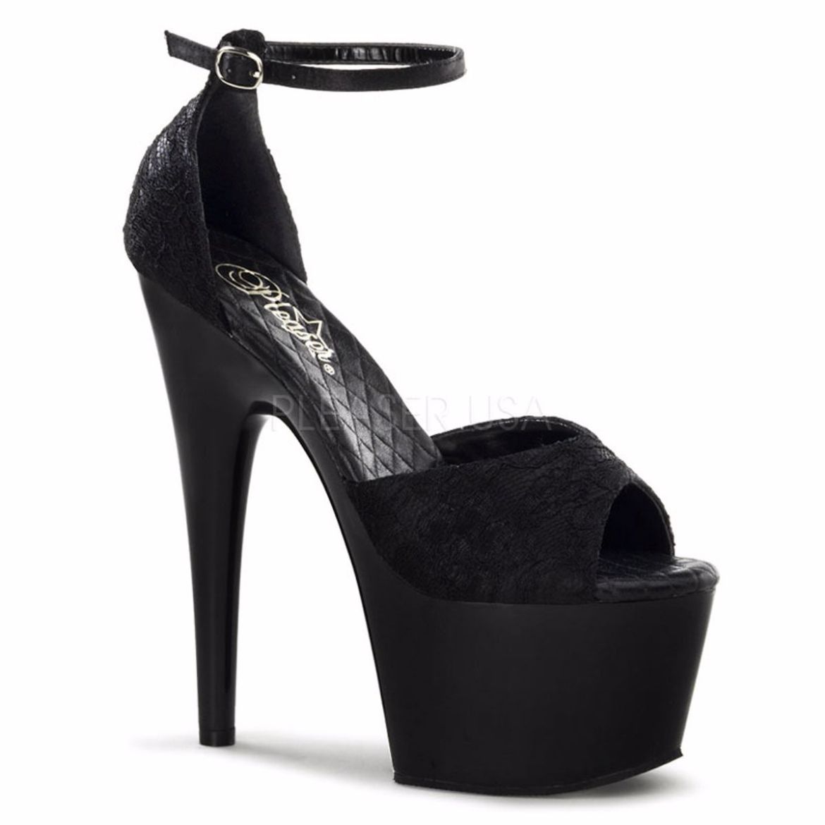 Product image of Pleaser Adore-768 Black Satin-Black Lace/Black, 7 inch (17.8 cm) Heel, 2 3/4 inch (7 cm) Platform Sandal Shoes