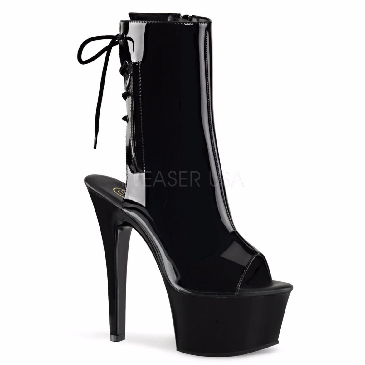 Product image of Pleaser Aspire-1018 Black Patent/Black, 6 inch (15.2 cm) Heel, 2 1/4 inch (5.7 cm) Platform Ankle Boot