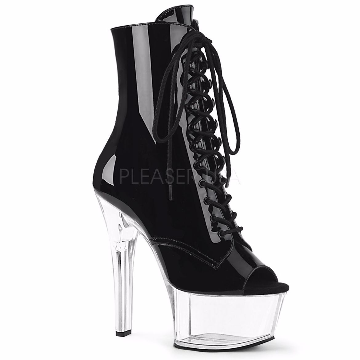 Product image of Pleaser Aspire-1021 Black Patent/Clear, 6 inch (15.2 cm) Heel, 2 1/4 inch (5.7 cm) Platform Ankle Boot