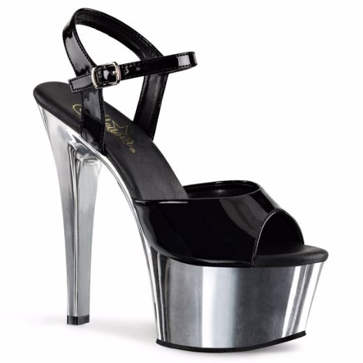 Product image of Pleaser Aspire-609 Black Patent/Silver Chrome, 6 inch (15.2 cm) Heel, 2 1/4 inch (5.7 cm) Platform Sandal Shoes
