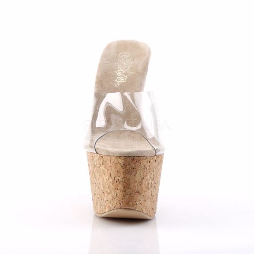 Product image of Pleaser Beau-601 Clear-Tan/Cork, 6 1/2 inch (16.5 cm) Heel, 2 3/4 inch (7 cm) Platform Slide Mule Shoes