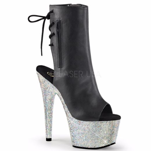 Product image of Pleaser Bejeweled-1018Dm-7 Black Faux Leather/Silver Multi Rhinestone, 7 inch (17.8 cm) Heel, 2 3/4 inch (7 cm) Platform Ankle Boot