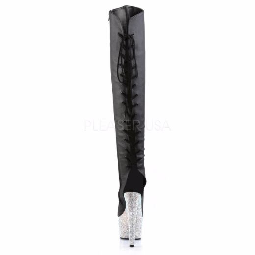 Product image of Pleaser Bejeweled-3019Dm-7 Black Faux Leather/Silver Multi Rhinestone, 7 inch (17.8 cm) Heel, 2 3/4 inch (7 cm) Platform Thigh High Boot
