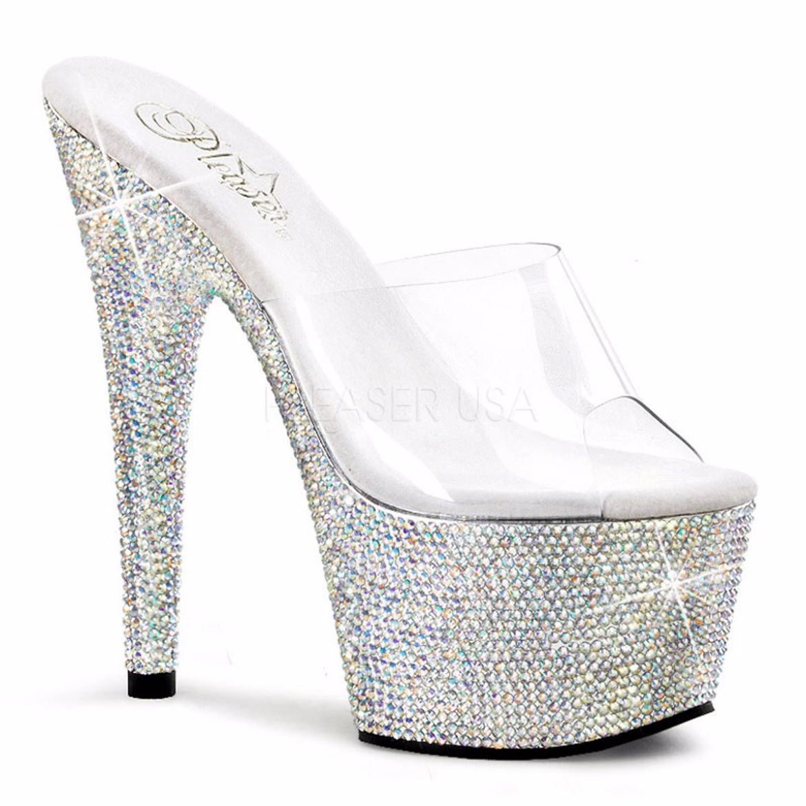 Product image of Pleaser Bejeweled-701Dm Clear/Silver Multi Rhinestone, 7 inch (17.8 cm) Heel, 2 3/4 inch (7 cm) Platform Slide Mule Shoes