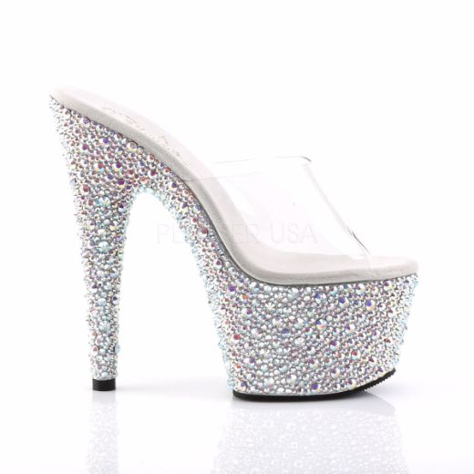 Product image of Pleaser Bejeweled-701Ms Clear/Silver Multi Rhinestone, 7 inch (17.8 cm) Heel, 2 3/4 inch (7 cm) Platform Slide Mule Shoes