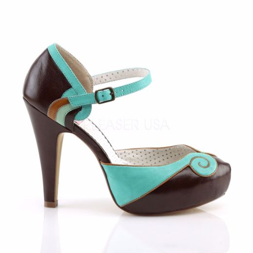 Product image of Pin Up Couture Bettie-17 Teal-Brown Faux Leather, 4 1/2 inch (11.4 cm) Heel, 1 inch (2.5 cm) Hidden Platform Court Pump Shoes
