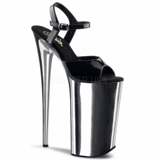 Product image of Pleaser Beyond-009 Black/Silver Chrome, 10 inch (25.4 cm) Heel, 6 1/4 inch (15.9 cm) Platform Sandal Shoes