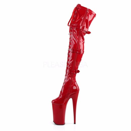 Product image of Pleaser Beyond-3028 Red Stretchetch Patent/Red, 10 inch (25.4 cm) Heel, 6 1/4 inch (15.9 cm) Platform Thigh High Boot