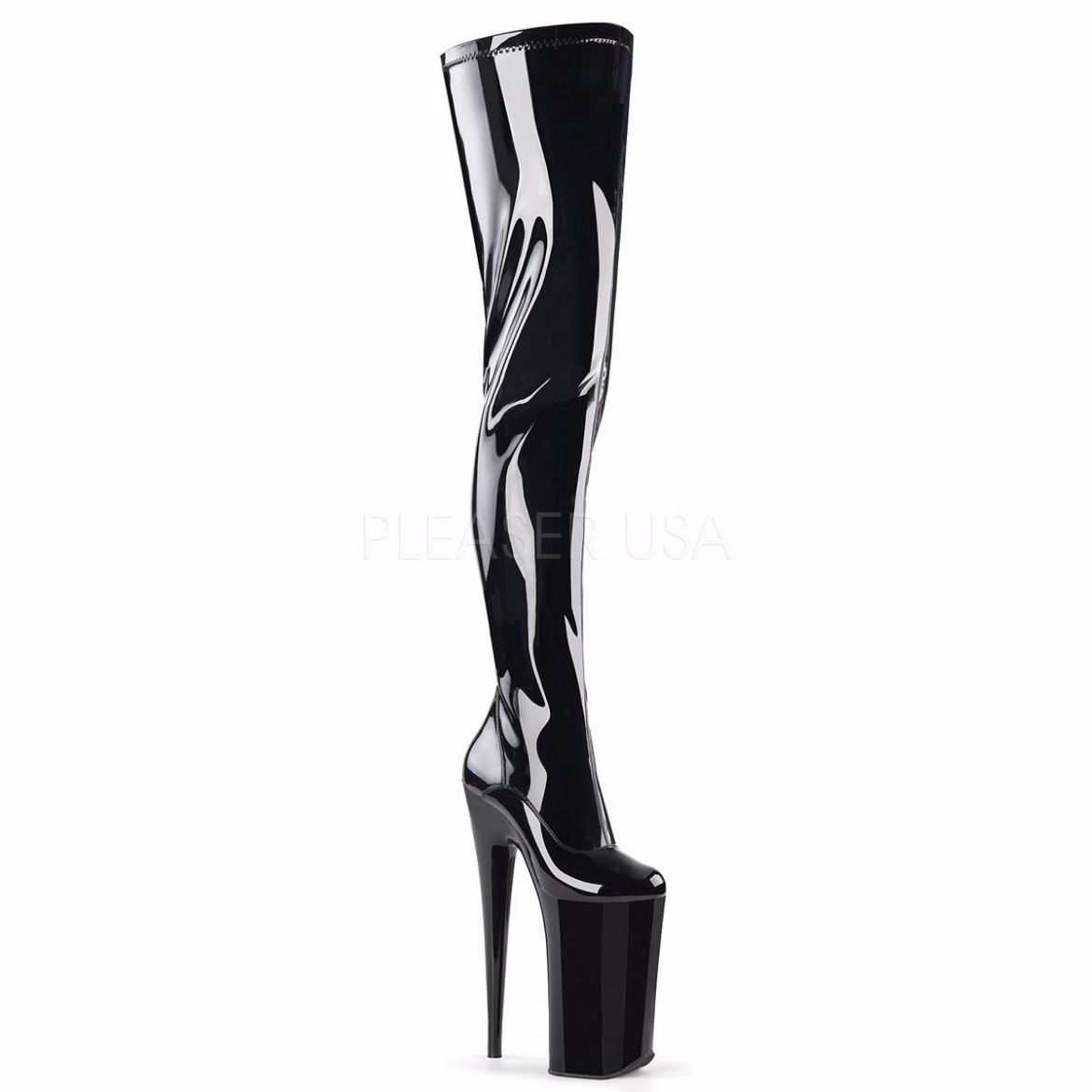 Product image of Pleaser Beyond-4000 Black Stretchetch Patent/Black, 10 inch (25.4 cm) Heel, 6 1/4 inch (15.9 cm) Platform Thigh High Boot