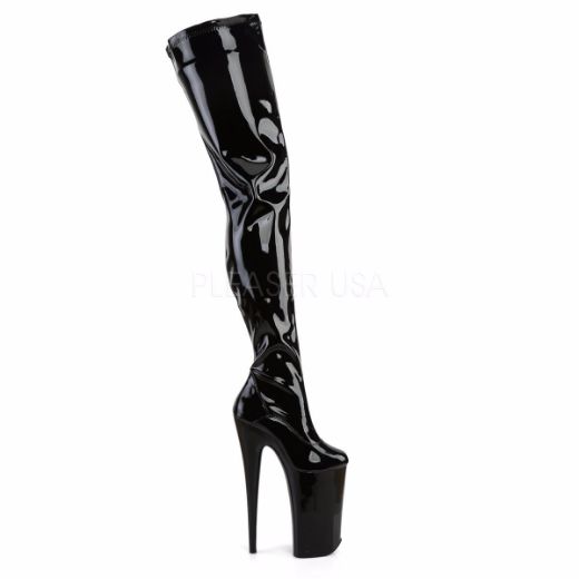 Product image of Pleaser Beyond-4000 Black Stretchetch Patent/Black, 10 inch (25.4 cm) Heel, 6 1/4 inch (15.9 cm) Platform Thigh High Boot