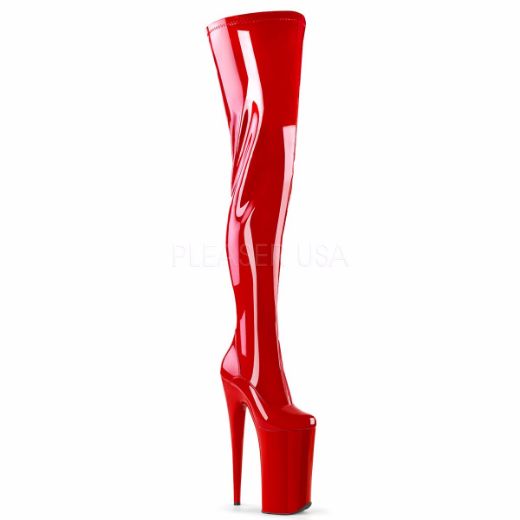 Product image of Pleaser Beyond-4000 Red Stretchetch Patent/Red, 10 inch (25.4 cm) Heel, 6 1/4 inch (15.9 cm) Platform Thigh High Boot