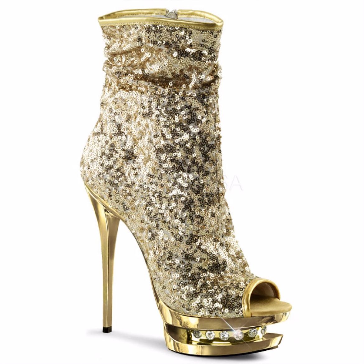 Product image of Pleaser Blondie-R-1008 Gold Sequins/Gold Chrome, 6 inch (15.2 cm) Heel, 1 1/2 inch (3.8 cm) Platform Ankle Boot