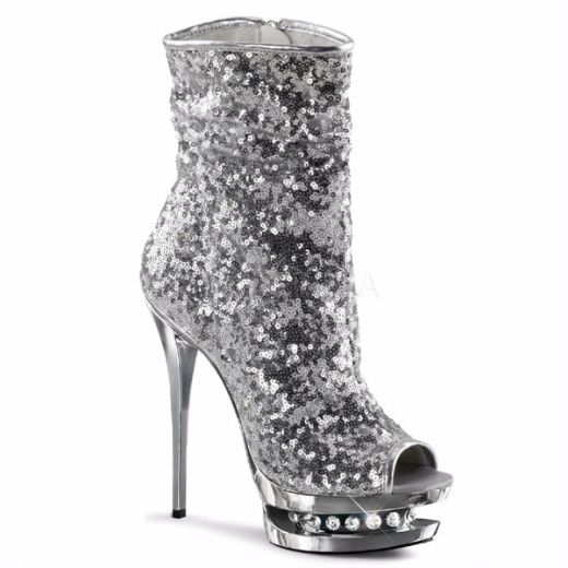 Product image of Pleaser Blondie-R-1008 Silver Sequins/Silver Chrome, 6 inch (15.2 cm) Heel, 1 1/2 inch (3.8 cm) Platform Ankle Boot