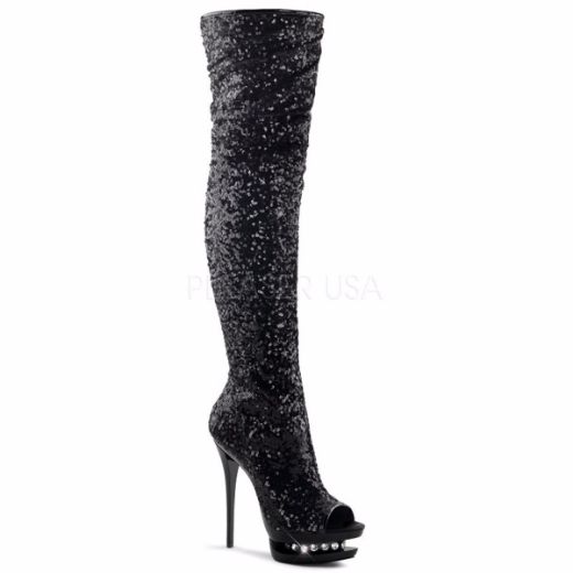 Product image of Pleaser Blondie-R-3011 Black Sequins/Black, 6 inch (15.2 cm) Heel, 1 1/2 inch (3.8 cm) Platform Thigh High Boot