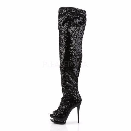 Product image of Pleaser Blondie-R-3011 Black Sequins/Black, 6 inch (15.2 cm) Heel, 1 1/2 inch (3.8 cm) Platform Thigh High Boot