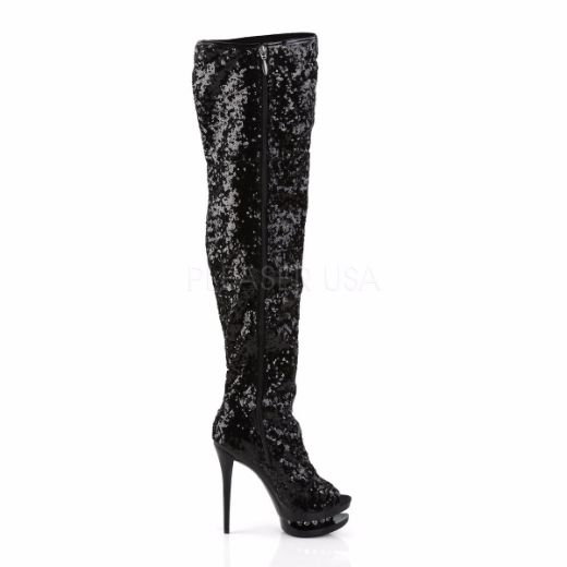 Product image of Pleaser Blondie-R-3011 Black Sequins/Black, 6 inch (15.2 cm) Heel, 1 1/2 inch (3.8 cm) Platform Thigh High Boot