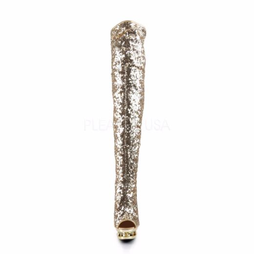 Product image of Pleaser Blondie-R-3011 Gold Sequins/Gold Chrome, 6 inch (15.2 cm) Heel, 1 1/2 inch (3.8 cm) Platform Thigh High Boot