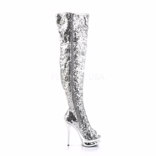 Product image of Pleaser Blondie-R-3011 Silver Sequins/Silver Chrome, 6 inch (15.2 cm) Heel, 1 1/2 inch (3.8 cm) Platform Thigh High Boot