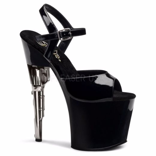 Product image of Pleaser Bondgirl-709 Black Patent/Black, 7 1/2 inch (19 cm) Heel, 3 1/2 inch (8.9 cm) Platform Sandal Shoes