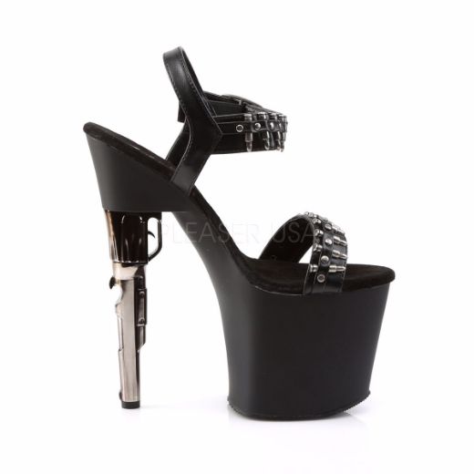 Product image of Pleaser Bondgirl-712 Black Faux Leather/Black Matte, 7 1/2 inch (19 cm) Heel, 3 1/2 inch (8.9 cm) Platform Sandal Shoes