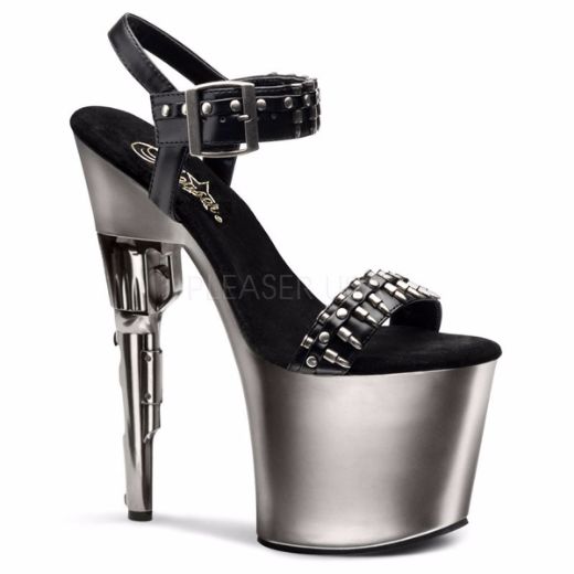 Product image of Pleaser Bondgirl-712 Black Faux Leather/Pewter, 7 1/2 inch (19 cm) Heel, 3 1/2 inch (8.9 cm) Platform Sandal Shoes