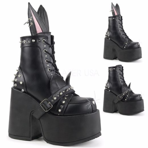 Product image of Demonia Camel-202 Black Vegan Leather, 5 inch (12.7 cm) Chunky Heel, 3 inch (7.6 cm) Platform Ankle Boot