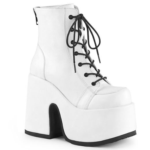 Product image of Demonia Camel-203 White Vegan Leather, 5 inch (12.7 cm) Chunky Heel, 3 inch (7.6 cm) Platform Ankle Boot