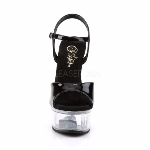 Product image of Pleaser Captiva-609 Black Patent/Clear, 6 inch (15.2 cm) Heel, 1 3/4 inch (4.4 cm) Platform Sandal Shoes