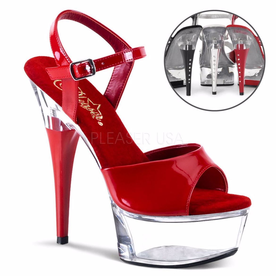 Product image of Pleaser Captiva-609 Red Patent/Clear, 6 inch (15.2 cm) Heel, 1 3/4 inch (4.4 cm) Platform Sandal Shoes