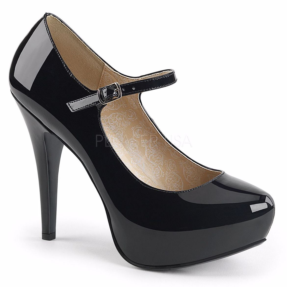 Product image of Pleaser Pink Label Chloe-02 Black Patent, 5 1/4 inch (13.3 cm) Heel, 1 1/4 inch (3.2 cm) Platform Court Pump Shoes