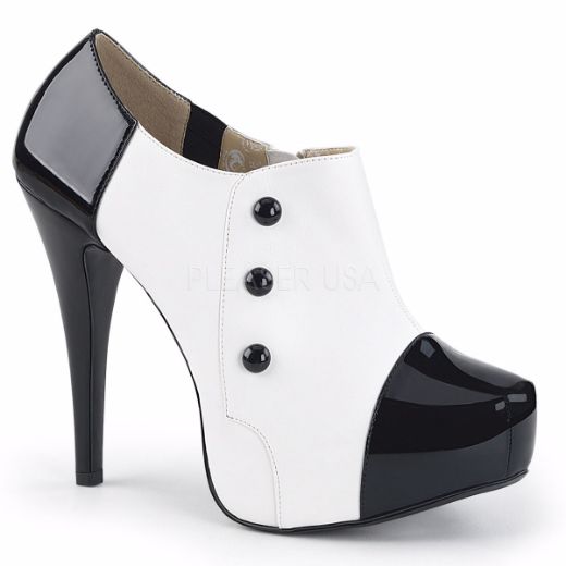 Product image of Pleaser Pink Label Chloe-11 Black-White Patent, 5 1/4 inch (13.3 cm) Heel, 1 1/4 inch (3.2 cm) Platform Ankle Boot