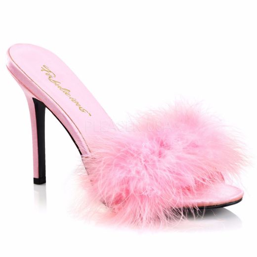 Product image of Fabulicious Classique-01F Baby Pink Pu-Fur, 4 inch (10.2 cm) Heel Slide Mule Shoes