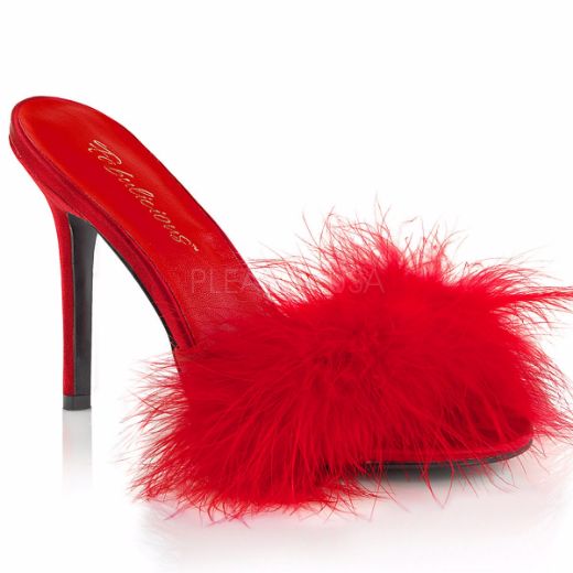 Product image of Fabulicious Classique-01F Red Pu-Fur, 4 inch (10.2 cm) Heel Slide Mule Shoes