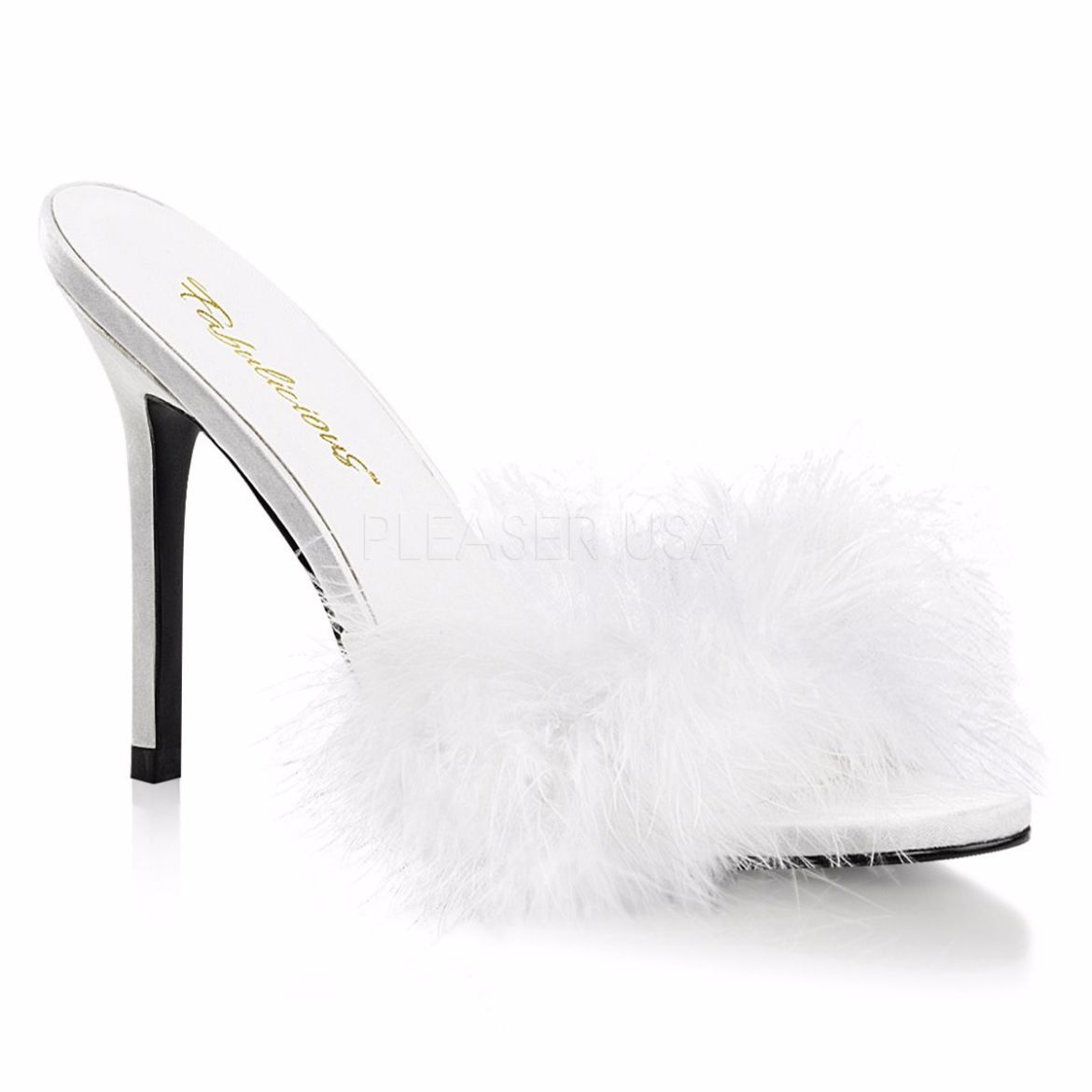 Product image of Fabulicious Classique-01F White Pu-Fur, 4 inch (10.2 cm) Heel Slide Mule Shoes