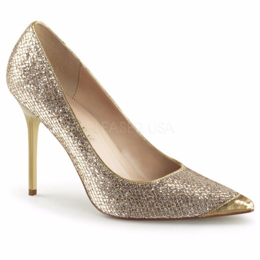 Product image of Pleaser Classique-20 Gold Glittery Lame Fabric, 4 inch (10.2 cm) Heel Court Pump Shoes
