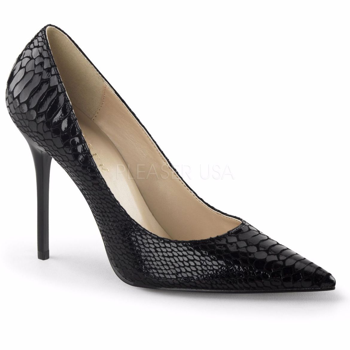 Product image of Pleaser Classique-20Sp Black Snake-Print Leather, 4 inch (10.2 cm) Heel Court Pump Shoes