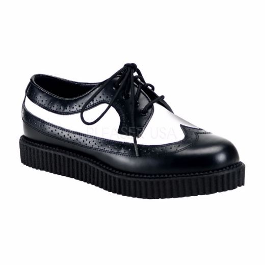 Product image of Demonia Creeper-608 Black-White Leather, 1 inch Platform Court Pump Shoes