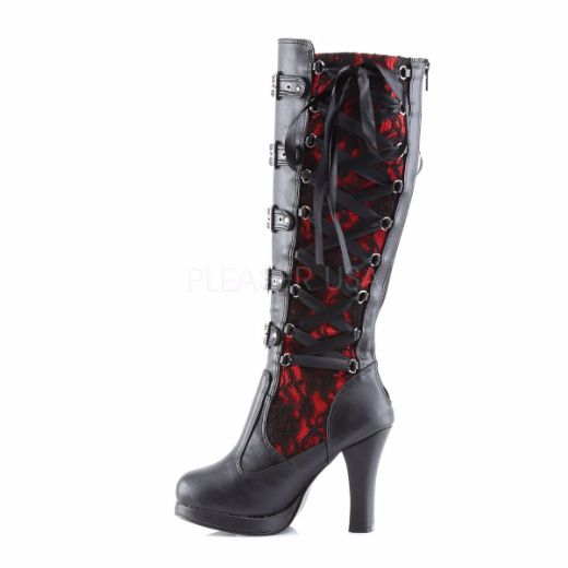 Product image of Demonia Crypto-106 Black-Red Vegan Leather, 4 inch (10.2 cm) Heel, 3/4 inch (1.9 cm) Platform Knee High Boot