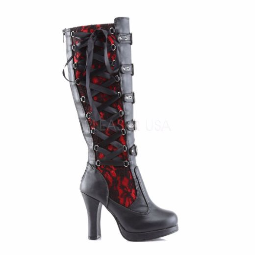 Product image of Demonia Crypto-106 Black-Red Vegan Leather, 4 inch (10.2 cm) Heel, 3/4 inch (1.9 cm) Platform Knee High Boot