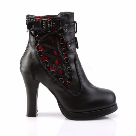 Product image of Demonia Crypto-51 Black-Red Lace Vegan Leather, 4 inch (10.2 cm) Heel, 3/4 inch (1.9 cm) Platform Ankle Boot
