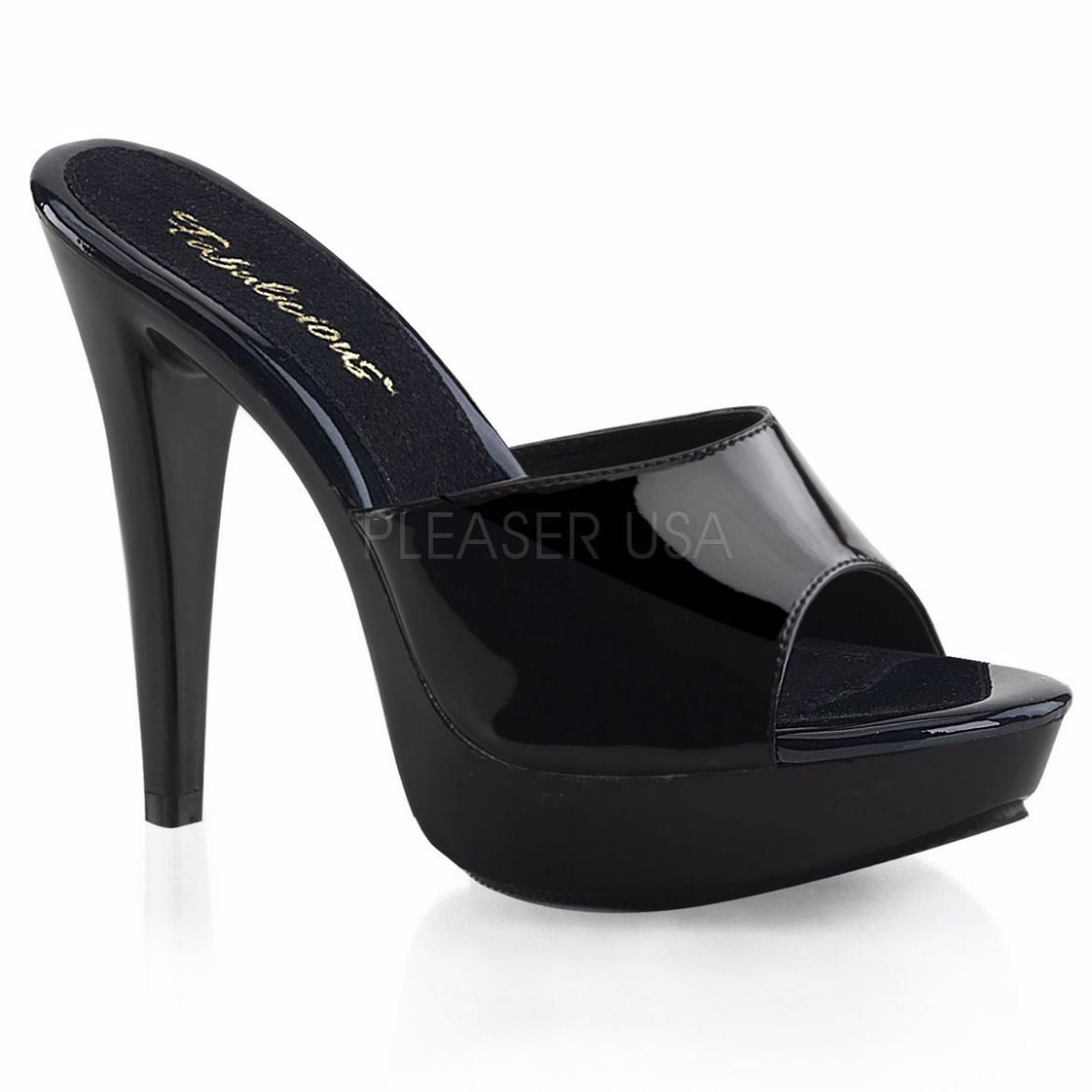 Product image of Fabulicious Cocktail-501 Black/Black, 5 inch (12.7 cm) Heel, 1 inch (2.5 cm) Platform Slide Mule Shoes