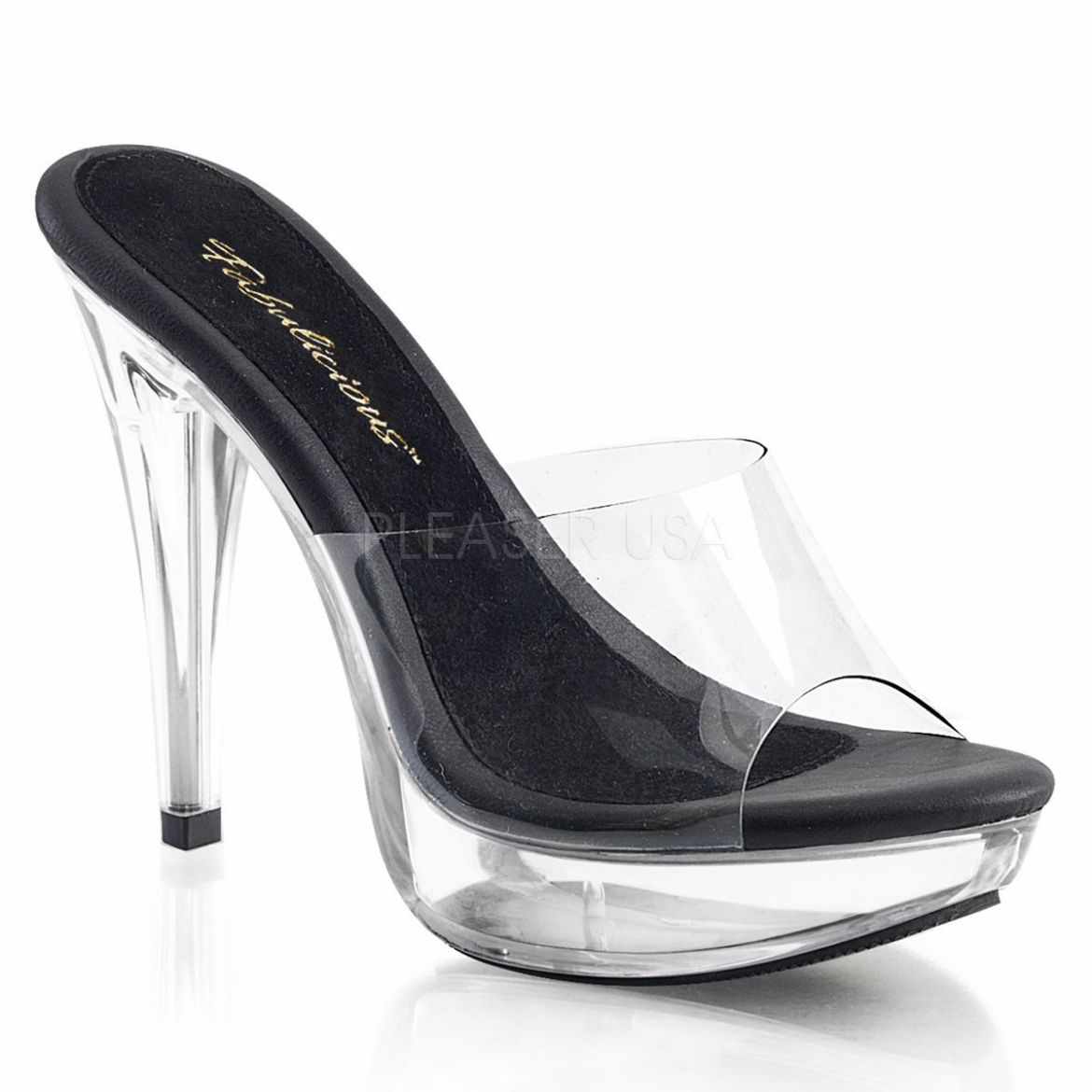 Product image of Fabulicious Cocktail-501 Clear-Black/Clear, 5 inch (12.7 cm) Heel, 1 inch (2.5 cm) Platform Slide Mule Shoes