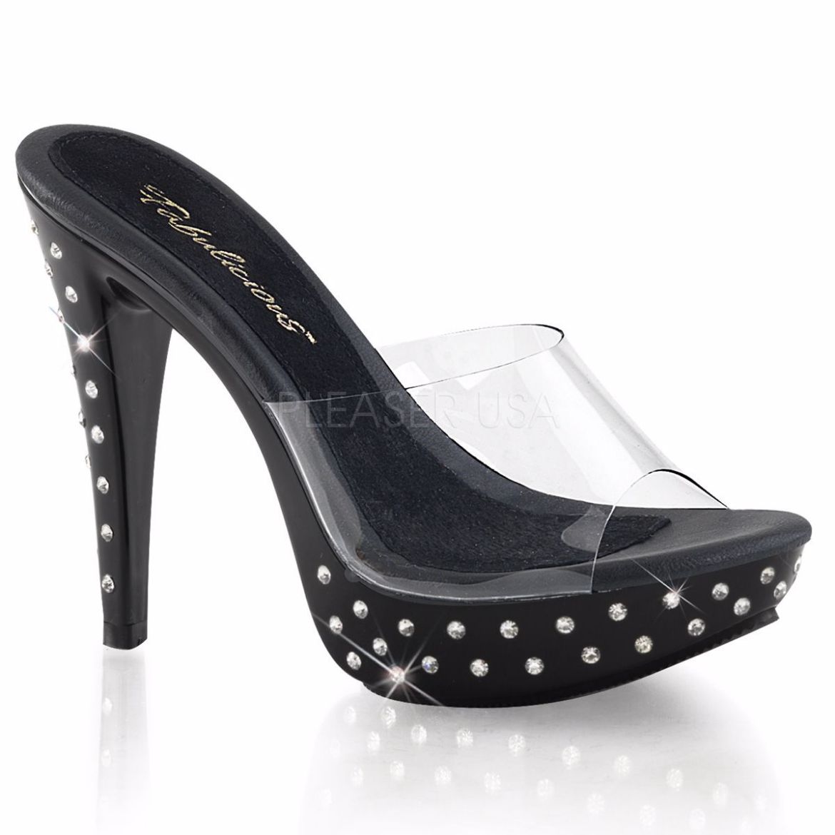 Product image of Fabulicious Cocktail-501Sdt Clear/Black, 5 inch (12.7 cm) Heel, 1 inch (2.5 cm) Platform Slide Mule Shoes