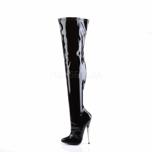 Product image of Devious Dagger-3000 Black Stretchetch Patent, 6 1/4 inch (15.9 cm) Heel Thigh High Boot