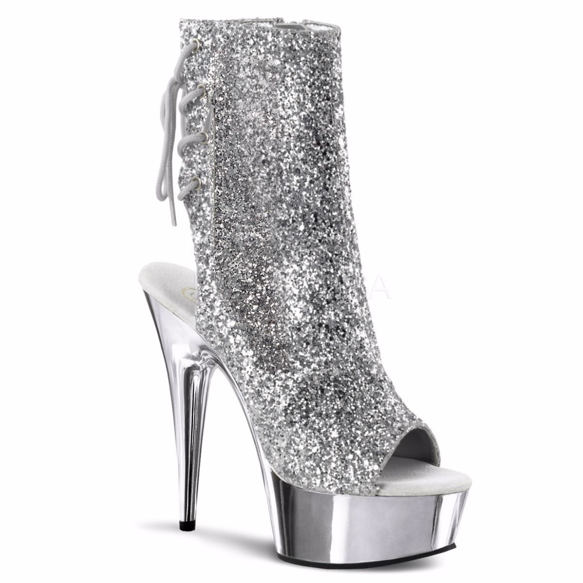 Product image of Pleaser Delight-1018G Silver Glitter/Silver Chrome, 6 inch (15.2 cm) Heel, 1 3/4 inch (4.4 cm) Platform Ankle Boot