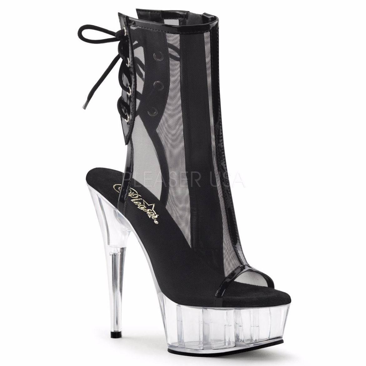 Product image of Pleaser Delight-1018Msh Black Patent-Mesh/Clear, 6 inch (15.2 cm) Heel, 1 3/4 inch (4.4 cm) Platform Ankle Boot