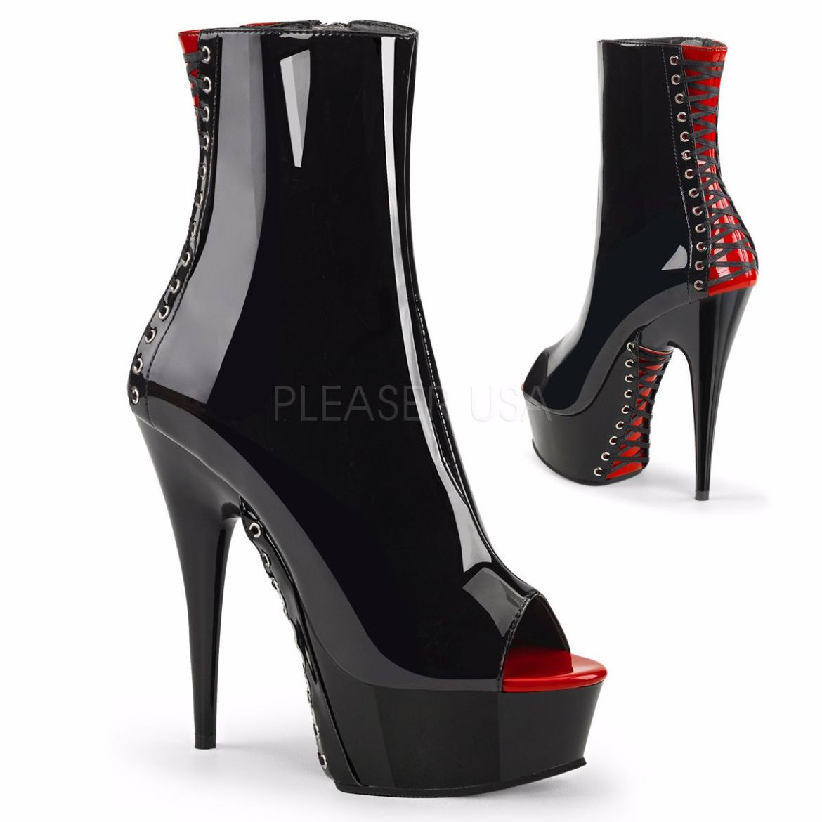 Product image of Pleaser Delight-1025 Black-Red Patent/Black, 6 inch (15.2 cm) Heel, 1 3/4 inch (4.4 cm) Platform Ankle Boot
