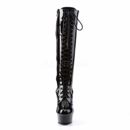 Product image of Pleaser Delight-2023 Black Stretch Patent/Black, 6 inch (15.2 cm) Heel, 1 3/4 inch (4.4 cm) Platform Knee High Boot